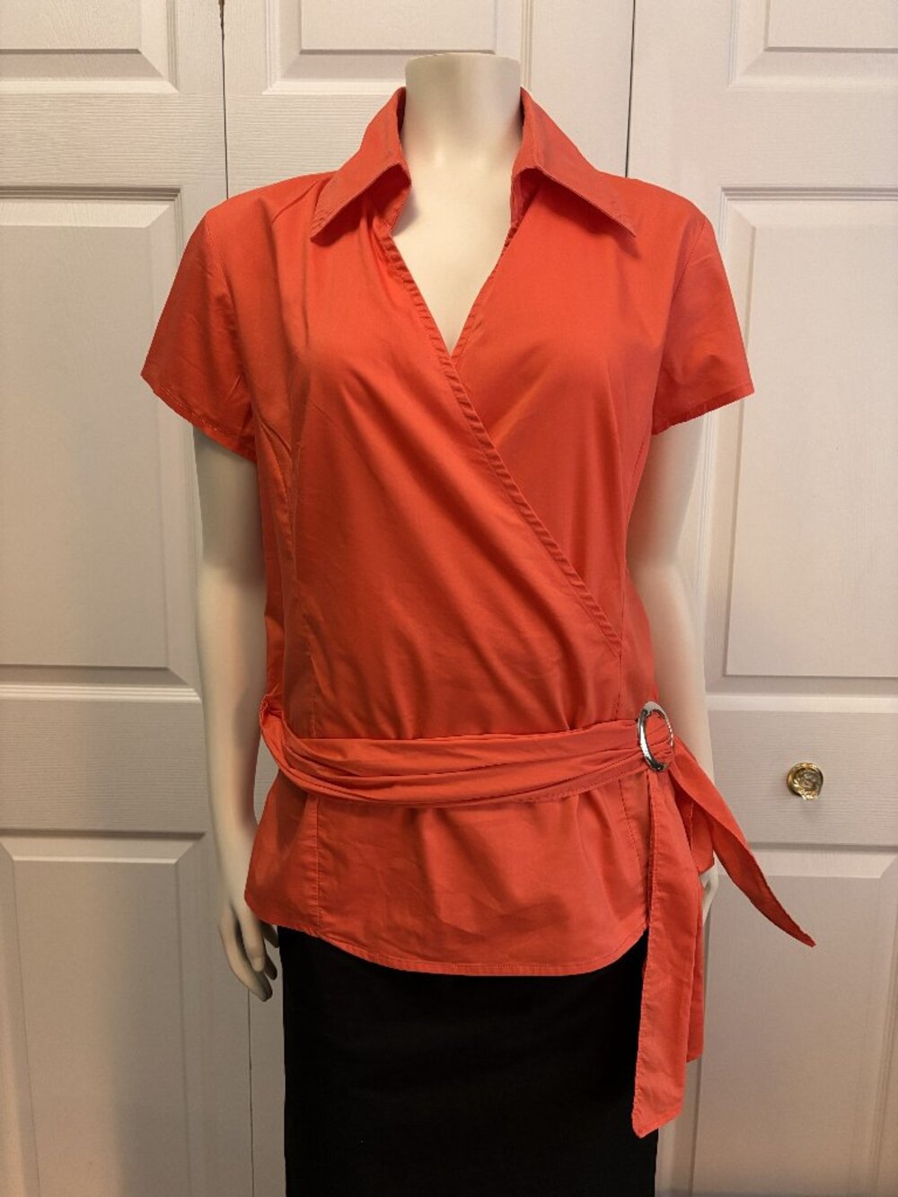 Millennium Medium Coral Wrap Style Blouse Top Belted Stretch Short Sleeve
